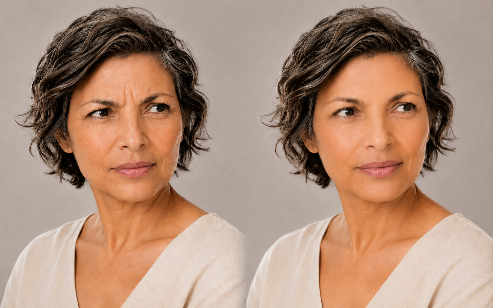 Artistic studio portrait of a woman with brown hair and a neutral expression.